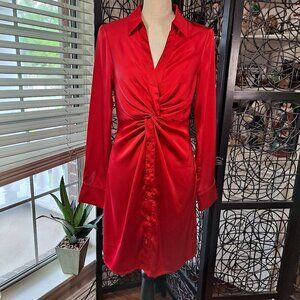 Fore Size Small Red Long Sleeve Silky Shirt Dress Twist Front NWT